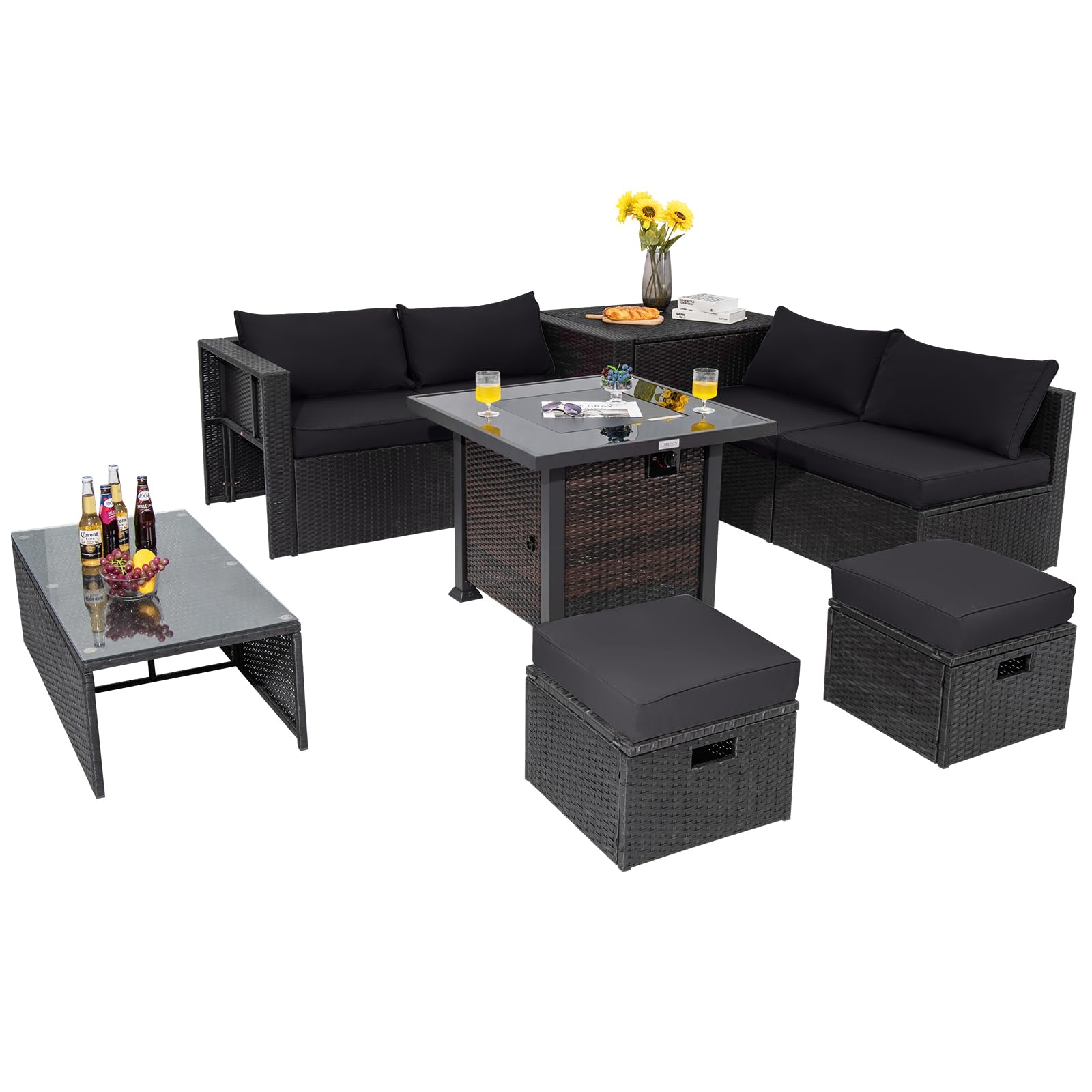 Tangkula 9 Pieces Patio Furniture Set with 32” Fire Pit Table, 50,000 BTU Square Propane Fire Pit